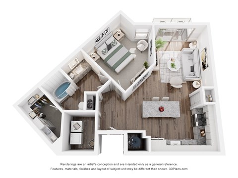Floor plan for 1 bed, 1 bath, 831 sqft